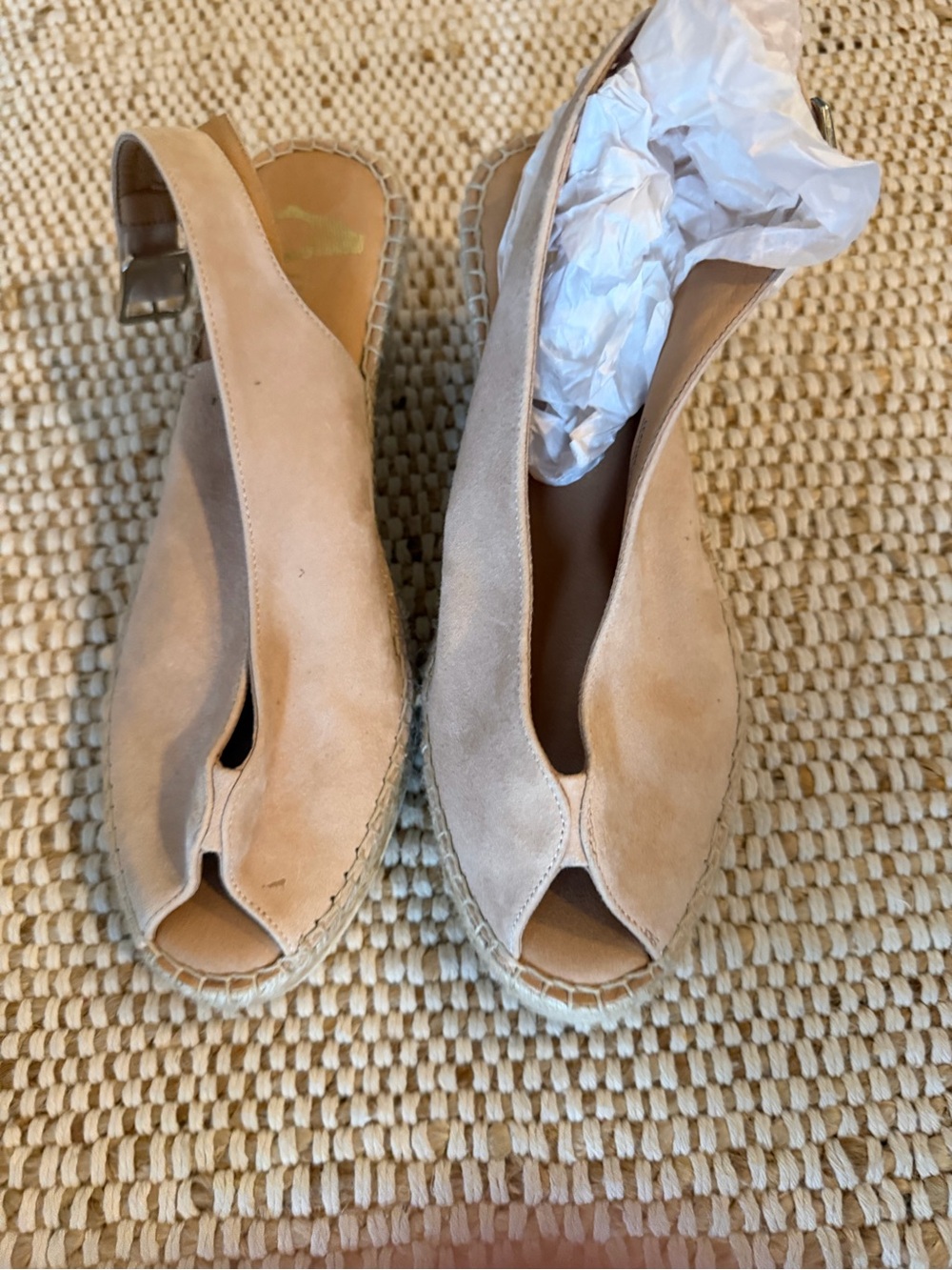 Peep-Toe Slingback Espadrille Wedges in Tan Suede